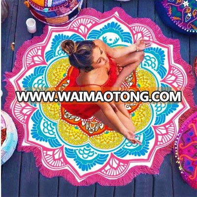 Round Circle Fringe Tassel Mandala Totem Lotus Floral Printed Beach Blanket Towel